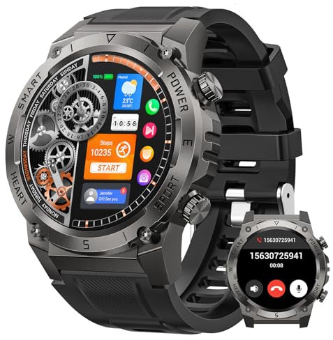 DEKELIFE Smartwatch Herren Militär mit Telefonfunktion, 1.46 Uhren Herren mit 500mAH, IP68 Wasserdicht, 120 Sportmodi, 24/7 Herzfrequenz und Schlafmonitor, Smartwatch Fitness für Android iOS, Schwarz