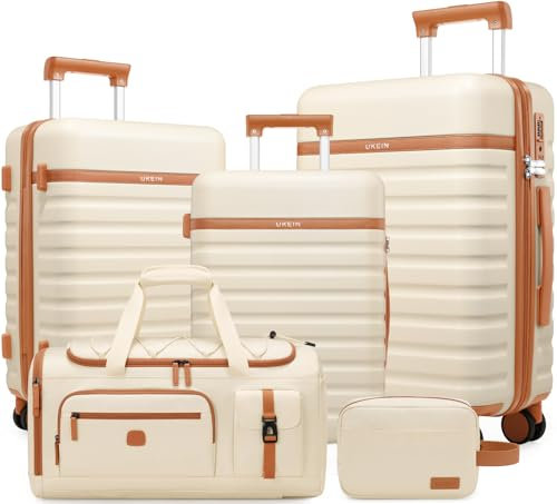 UKEIN Kofferset 5 Teilig Leicht 100% PC Reisekoffer mit Rollen Trolley & TSA Schloss,Hartschalenkoffer Set,Trolley Handgepäck Mit 1 Reisetasche und 1 Kulturbeutel (Weiß/Braun, Kofferset 5tlg)