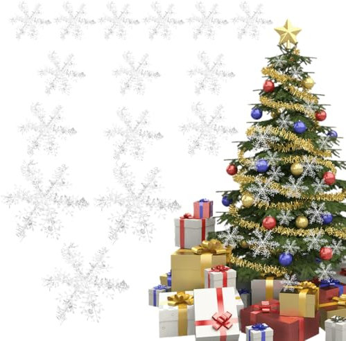 30 PCS Decorazioni Natalizie, Natale 2024 decorazioni, 6/8/11/15 cm Glitter Decorazioni Pendenti con Fiocco di Neve, decorazioni albero di natale (Argento)