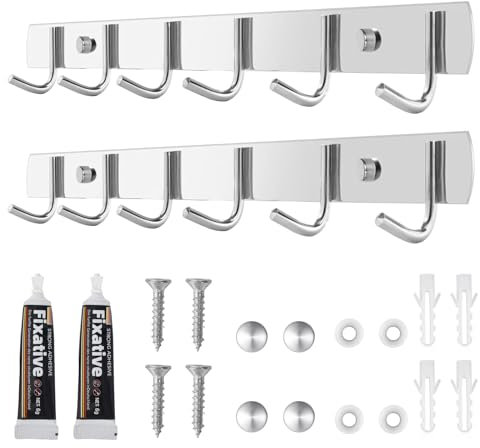 2 Stück Hakenleiste Küche, Garderobenhaken aus 304-Edelstahl, Garderobenleiste mit 6 Haken, Problemlose Installation Kleiderhaken Wand, Kleiderhaken für Küche, Badezimmer, Wohnzimmer, Flur (31cm)