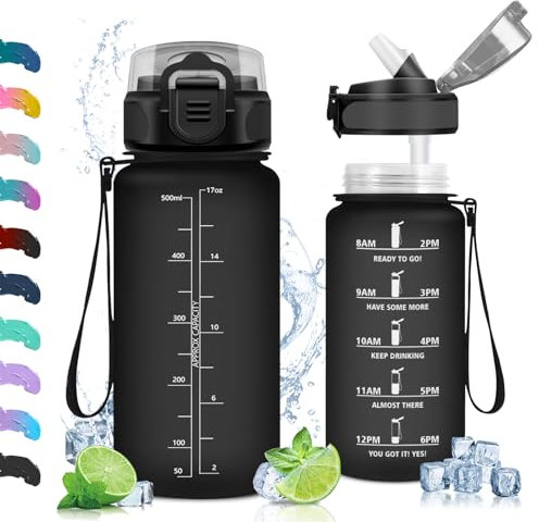 Vikaster Gourde, Gourde avec Paille 0.5l, sans BPA, Étanche & Réutilisable, Bouteille Enfant Ouvrir en Un Clic, Convient pour la Gym, Le Yoga, Le Camping, Randonnée