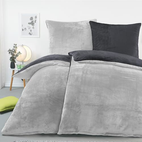 BaSaTex Winter Plüsch Bettwäsche Set 4 Teilig Nicky-Teddy Cashmere-Touch | Flauschiger Deckenbezug und Kissenbezug | Größe: 2X 135x200 cm + 2X 80x80 cm | Farbe: Anthrazit/Silber
