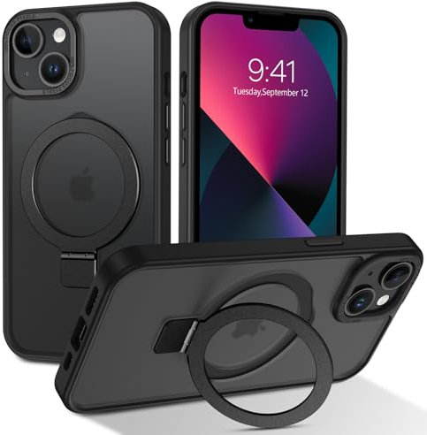 DUEDUE for iPhone 13 Mini Case Magnetic,Case for iPhone 13 Mini with Ring Stand, Translucent Matte Back Protective Cover Shockproof Kickstand Phone Case for iPhone 13 Mini 5.4, Black