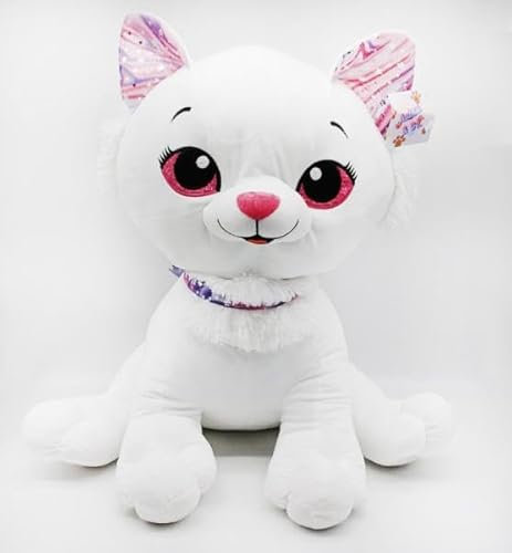 Peluche Gatto Bianco con Fiocchi Rosa, Occhi Grandi, 62 cm, Morbido Pupazzo