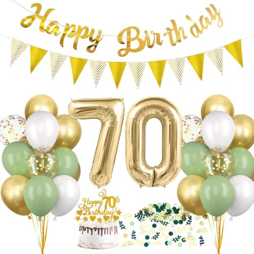 HUKUMA 70 Geburtstag Deko, Salbeigrüne Deko 70.Geburtstag Frauen Männer,70er Geburtstagdeko Luftballon mit Girlande Grün Weiß Gold,Tortendeko Avocado Grüne Konfetti Ballon für Geschenk