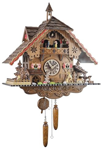 Eble Kuckucksuhr Kuckuckuhr Echtholz NEU batteriebetriebenes Quartzwerk Musik Kuckuckruf Kuckucksuhr Holzhacker Quarzwerk mit Musik 55cm- 29132