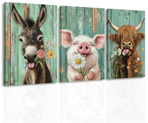 ZXHYWYM 3 teiliges Leinwandbild mit Bauernhoftieren lustiges Hochlandrind Esel Schwein Gemälde Tier und Blumenbilder Bauernhaus Heimdekor gerahmt (28x35cmx3)