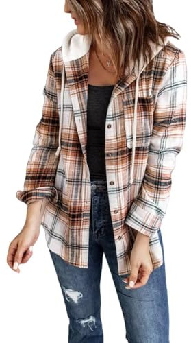 LACOZY - Chemises à carreaux en flanelle pour femmes avec capuche - Manches longues - Sweatshirt ample à carreaux buffalo - Veste boutonnée, marron, M