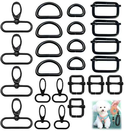 CLDURHGE Accessori Metallo per Cucito e Borse 24 Pezzi Set – Anelli a D, Fibbia Regolabile, Gancio Girevole 360° – Nero Elettroplaccato, per Zaini Tracolle Borse Fai da Te