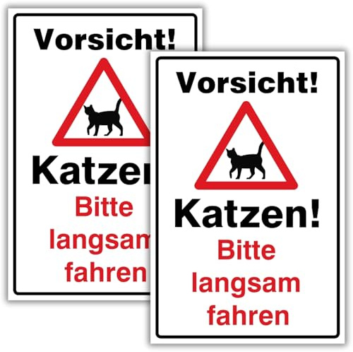 2 Stück (20 x 30 cm) - Vorsicht ! Katzen bitte langsam fahren Schild - stabil aus PVC Hartschaum Platte - 3 mm stark - mit UV-Schutz und witterungsbeständig - BerpaHome