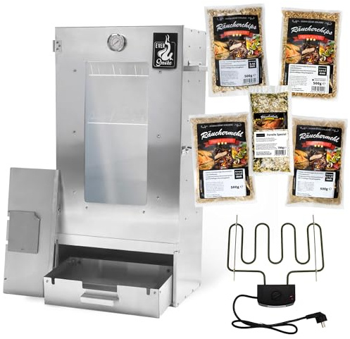 Eversmoke Räucherofen Excellent II Medium – Edelstahl Räucher Starter Set mit Sichtscheibe, Thermometer & Zubehör - Räucherschrank für Fisch, Fleisch & Käse (Starterset + elektrisches Heizelement)