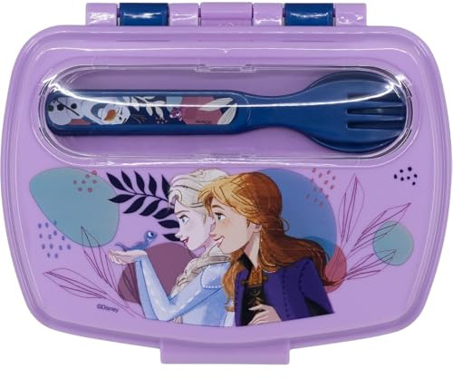 CARTOON Portamerenda con posate, contenitore per il pranzo con forchetta e cucchiaio in plastica riutilizzabile senza BPA (Frozen)