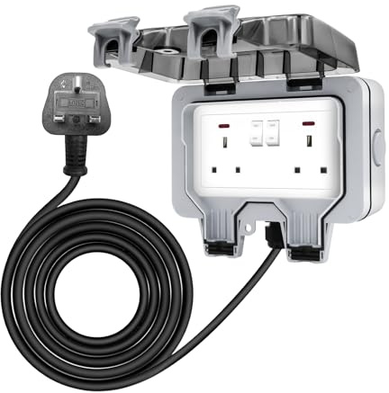 Waterproof Outdoor 13A 2Gang Storm Switched Power Socket Double IP66 Weatherproof Outdoor Plug Twin Switched Double Socket Outside Box (Socket + 3m Cable)