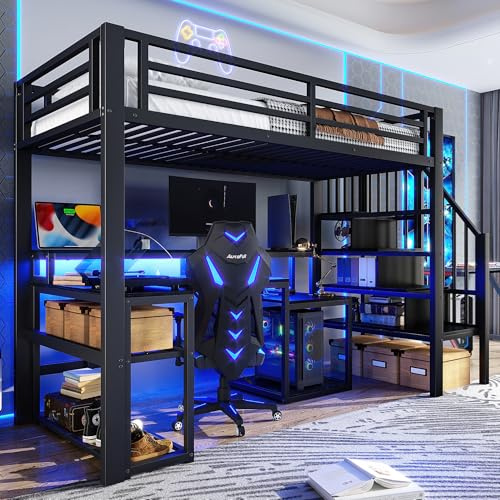 Dolamaní Hochbett Metall, mit Stauraumleiter, Schreibtisch, USB-Anschluss & LED-Lichtleiste, für Kinder, Jugendliche und Erwachsene, ohne Matratze (Schwarz, 90x200 cm)