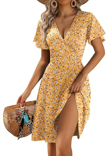 Zeagoo Robe été Femme Fluide Courte V Volants Robe Florale A Line Robes Sexy Jupe Femme avec Poches Fleurs Jaunes M