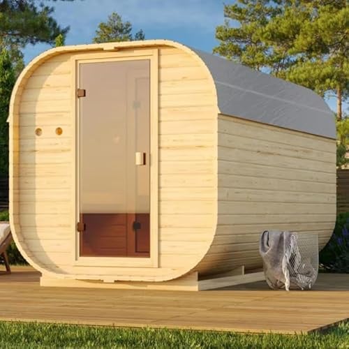 Karibu Sauna Extérieur Tonneau Quadro 3 | 2-4 Places, Bois Épicéa Nord, 6,1m², Parois 38mm | Porte Vitrée, Plancher Inclus, Montage Emboîtement