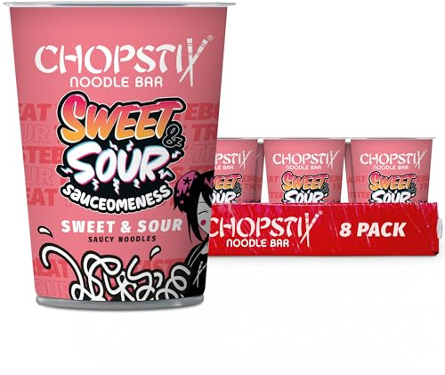 Chopstix Sweet & Sour Saucy Noodles 8 x 72g, Extra Long Wheat Noodles in Pineapple, Soy and Ginger Sauce, Mild Heat, Ready in 6 Minutes