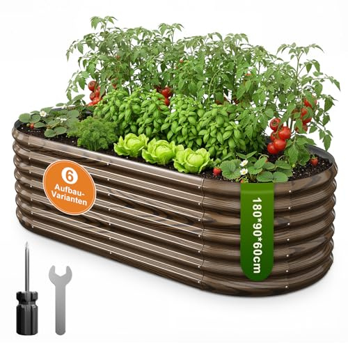 180x90x60 cm Hochbeet Metall - 6-in-1 Pflanzbeet Hochbeete für Garten aus Verzinktem Stahl - Wellblech oval Wetterfest & Rostfrei Gartenbeet für Garten Terrasse & Balkon