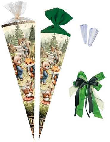 Nestler Schultüten-Set zum Befüllen, Handgemachte Zuckertüte aus Karton - Motiv Tierischer Schulstart, Schultüte, Spitzenschutz, Schleife (85 cm 6-eckig)
