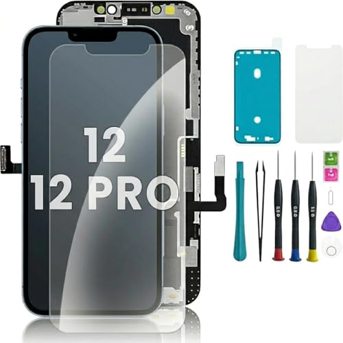 Hoonyer LCD Display Ersatz Set für iPhone 12/12 Pro, 3D Touch Bildschirm mit Rahmen & Digitizer, inkl. Reparaturwerkzeug