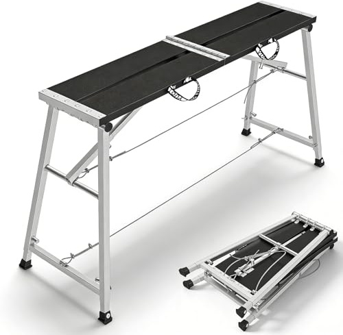 120x44cm Adjustable Work Platform, Aluminium Folding Hop Up Platform Ladder Maximum Load 500Kg, 5-Level (70/82/94/106/118cm) Adjustable Height Heavy Scaffolding For Workshop, Garage, Construction Site