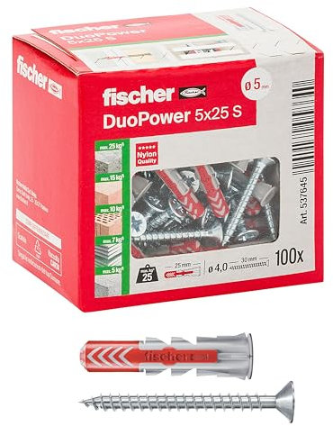 Fischer 100x Tasselli con Vite DuoPower 5 x 25 mm, per Muro pieno, Mattone Forato, Cartongesso, 537645