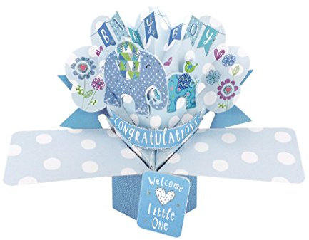Second Nature Pop Ups éléphants carte de naissance garçon avec inscription bleue