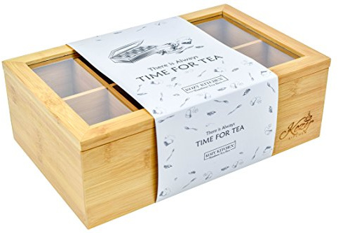 Tea Box Storage Organizer| Large 8-Storage Compartments and Clear Shatterproof Hinged Lid Tea Chest|Enhanced Organic Bamboo|Wooden Finish Tea Bag Organizer