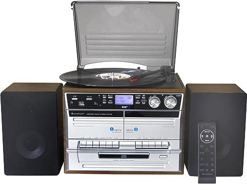 soundmaster MCD5550 Bluetooth HiFi System with FM/DAB Radio, Twin Cassette, Tape to Tape Recording, CD Player & Record Player Turntable (BLUETOOTH/DAB/FM/CD/TAPE REC/TURNTABLE - BROWN)