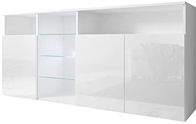 MB Muebles Bonitos, Aparador Clark con 3 Puertas para Salón con Luz LED, Mueble Moderno de Melamina Brillo, Color Blanco, 150x72x35 cm