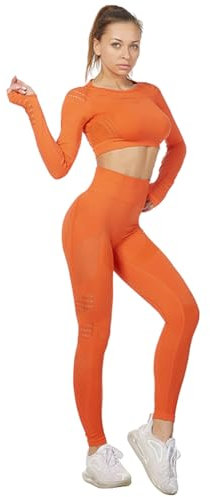 Jamron Damen Stretch Yoga Kleidung Set Crop Top+Leggings 2PCS Trainingsanzug Gym Fitness Activewear SN05405 Orange L