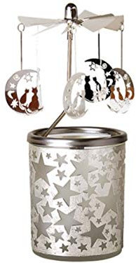Windlicht-Karussell aus Glas mit Windspiel aus Metall - Teelichthalter mit Drehspiel (Silber) Ø 6 x Höhe 15cm (Sterne und Katze)