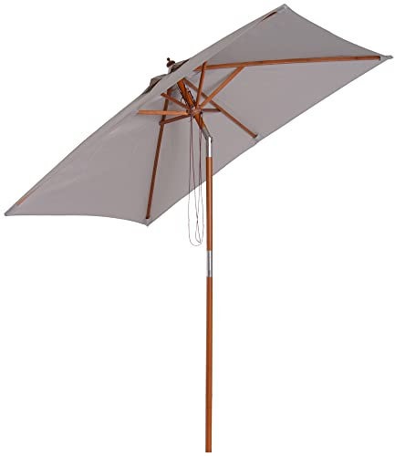 Outsunny Ombrellone da Giardino Inclinabile 2x1.5 m con Sistema a Corda e Presa d'Aria, Ombrellone da Esterno a 6 Stecche, in Legno, Bambù e Poliestere 180g/㎡, per Cortile Balcone Terrazzo, Grigio