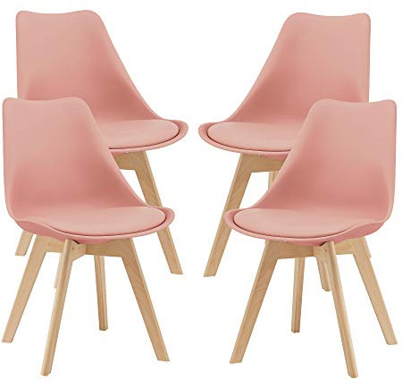 [en.casa] Juego de Sillas de Comedor Fläten Pack 4 Sillas Tapizadas Nórdicas Versátil Asiento Acolchado de Cocina Patas de Madera de Haya Cubierta Cuero Sintético 82x49x54cm - Rosa