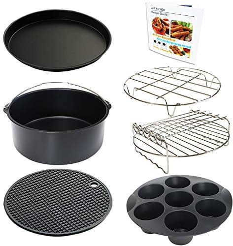 22CM Heißluftfritteuse Zubehör XL 7 Stück mit Cupcake-Pfanne, Pizzapfanne, Silikon-Backbecher, Rezept-Kochbuch für 5,3Qt - 6,8Qt Heißluftfritteuse-Dampfgarer