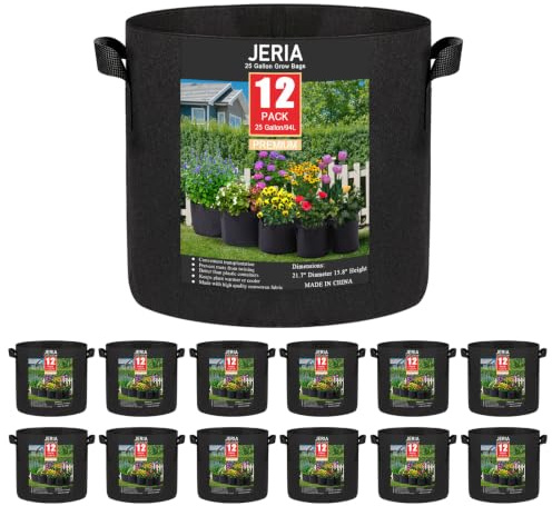 JERIA 12-Pack 25 Gallon, Vegetable/Flower/Plant Grow Bags, Aeration Fabric Pots with Handles (Black), Come with 12 Pcs Plant Labels
