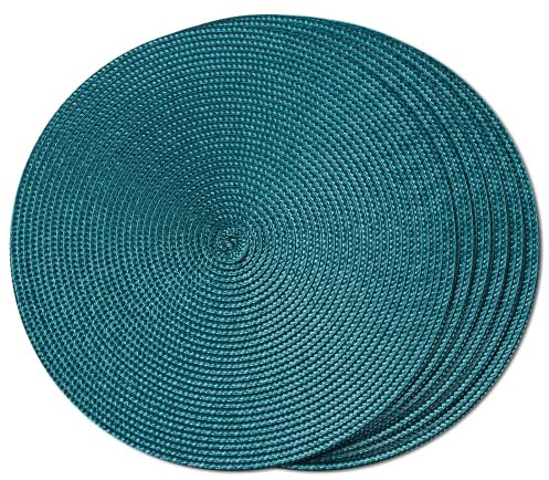 FunWheat Lot de 6 sets de table ronds tressés pour tables de salle à manger, lavables, antidérapants, taille S, bleu sarcelle, 33 cm
