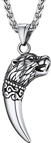 PROSTEEL Wolfszahn Kette für Herren Edelstahl Wolfskopf mit Zahn Anhänger Halskette 55+5cm Weizenkette Wolfszahn Amulett Modeschmuck Accessoire für Geburtstag