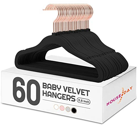 House Day Samt-Baby-Kleiderbügel für Schrank, Kinder-Kleiderbügel, Samt, 60 Stück, rutschfest, 30 cm, langlebig, Kinder-Kleiderbügel für Neugeborene, Babykleidung, Schwarz