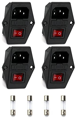 QWORK 4 Stück Kaltgeräte Buchse, 3-in-1-eingang, Sicherungsschalter, 3-polig, IEC320 C14 10A, Mit Schalter, Sicherung Und Licht