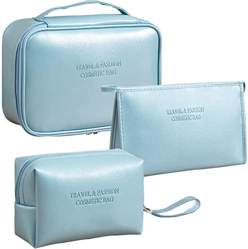 LEcylankEr 3 Pièces Trousse Maquillage Femme Trousse de Toilette Voyage Vanity Maquillage Makeup Bag de Voyage Portable Trousse a Maquillage Imperméable (Bleu)