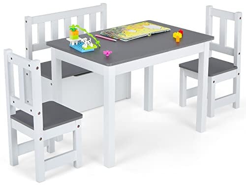 LIFEZEAL Kindertisch mit Stühlen, Holz Kindersitzgruppe inkl. Spielzeugkiste, Kindermöbel Sitzgarnitur für Jungen & Mädchen, 4-Teilige Sitzgruppe Kindertischgruppe mit Kindertruhe