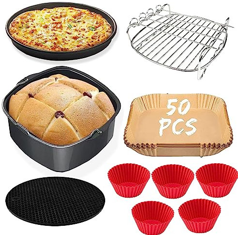 QGKPL Air Fryer Accessory Set, Compatiable for COSORI, Instant, Tower, Phillips, Proscenic Salter Uten, 5.5L Air Fryer, Square Cake Pan/Pizza Pan/Baking Rack/Silicone Cup Cake Mould/Paper Lining