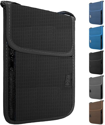 Maiiu Portefeuille tour de cou de voyage avec blocage RFID – Pochette de voyage pour passeport – Pochette de voyage portable facile à dissimuler, Noir , Blocage RFID
