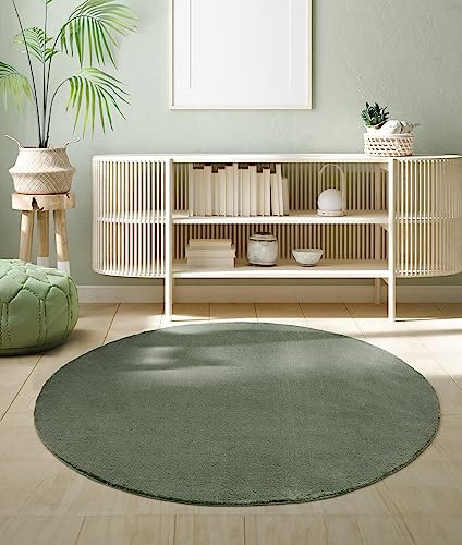 the carpet Relax Moderner Flauschiger Kurzflor Teppich, Anti-Rutsch Unterseite, Waschbar bis 30 Grad, Super Soft, Felloptik, Dunkelgrün, 200 cm Rund