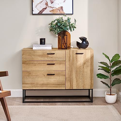 [en.casa] Buffet Style Industriel Commode pour Salon Entrée Chambre Meuble de Rangement avec Tiroirs et Étagère Fermée à Porte Métal Panneau de Particules 75 x 100 x 35 cm Noir Effet Chêne