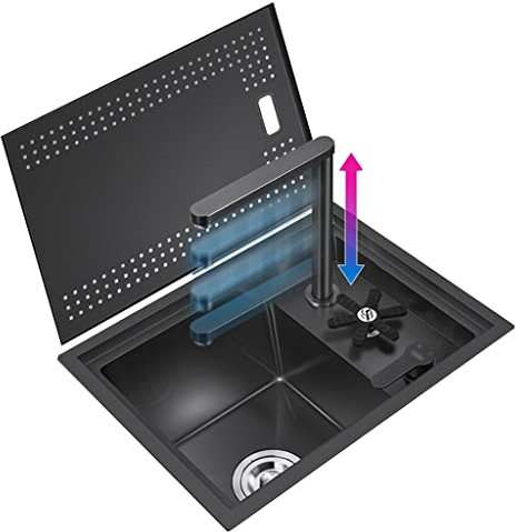 Fregadero Negro Oculto de un tazón en la Cocina Minifregadero en el Bar Fregadero Comercial doméstico con lavavasos Grifo de elevación Ahorro de Espacio, Fregadero pequeño Conveniente