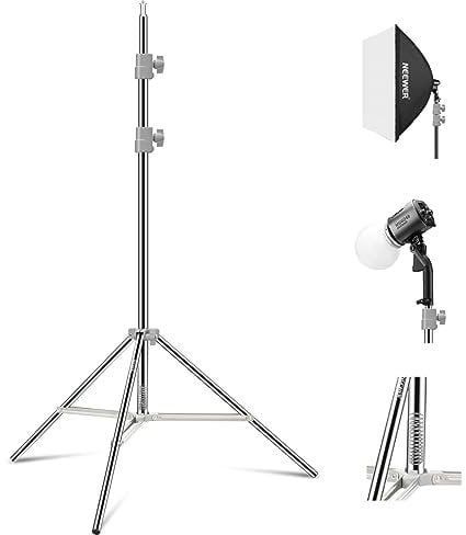 NEEWER 190cm Stativo per Luci Aggiornato in Acciaio Inossidabile Caricato a Molla, Stand Fotografico Pieghevole con Giunti per Tubo Robusti per Flash Softbox Luce ad Anello, Carico Max 6,5kg, ST-190SS