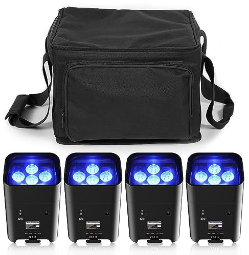 PUZILOZA 4er 108W Akku LED Par Scheinwerfer Strahler mit Tasche, Wiederaufladbarer RGBWA+UV outdoor partylicht DMX/APP Bühnenlicht mit Fernbedienung disco licht für DJ Bar KTV Hochzeit Geburtsta
