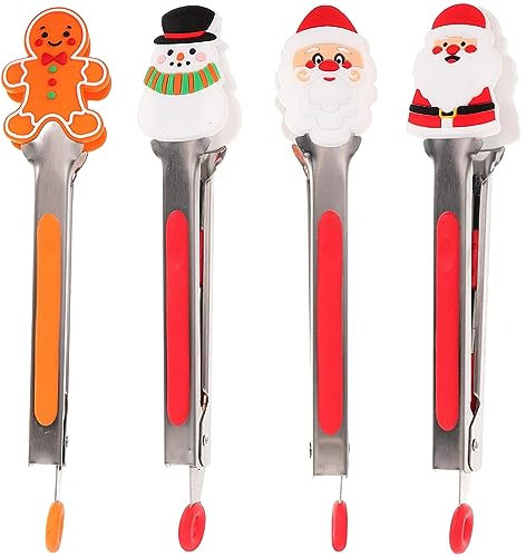 Yardwe Kitchen Tongs 4pcs Christmas Silicone Tongs Food Tongs Mini Xmas Food Tong Santa Barbecue Clamps Gingerbread Man Tongs Snowman Salad Clips Kitchen Utensils for Serving Ice Cube